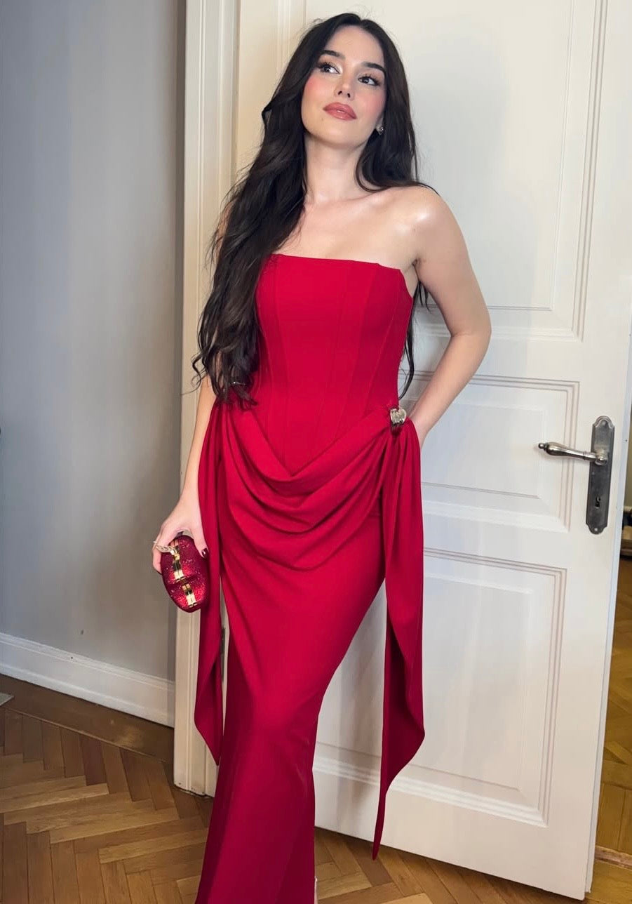 Zeynep Tosun Long Diva Kırmızı Elbise